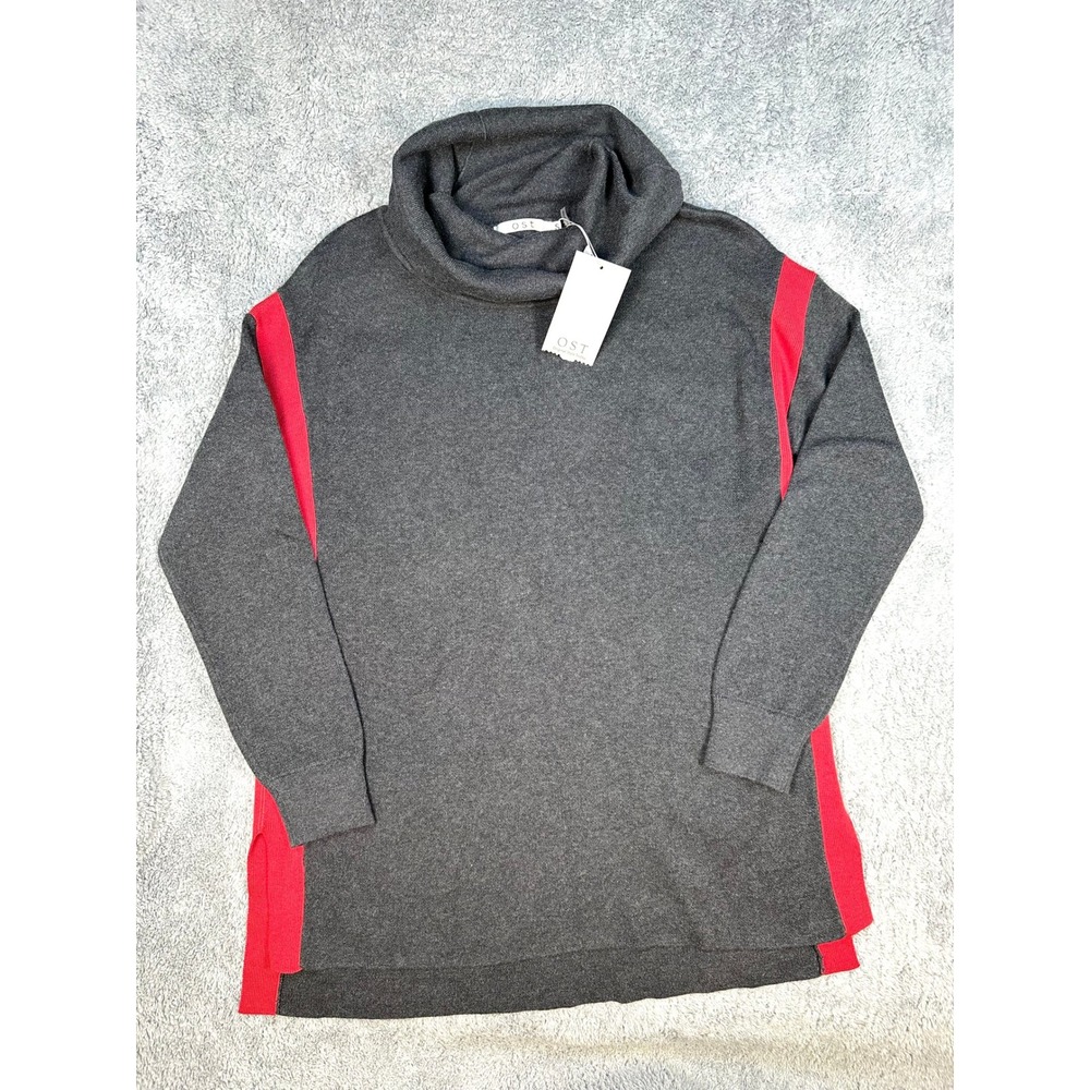 NWT OST Apparel cowl neck sweater charcoal knit red stripe Womens S